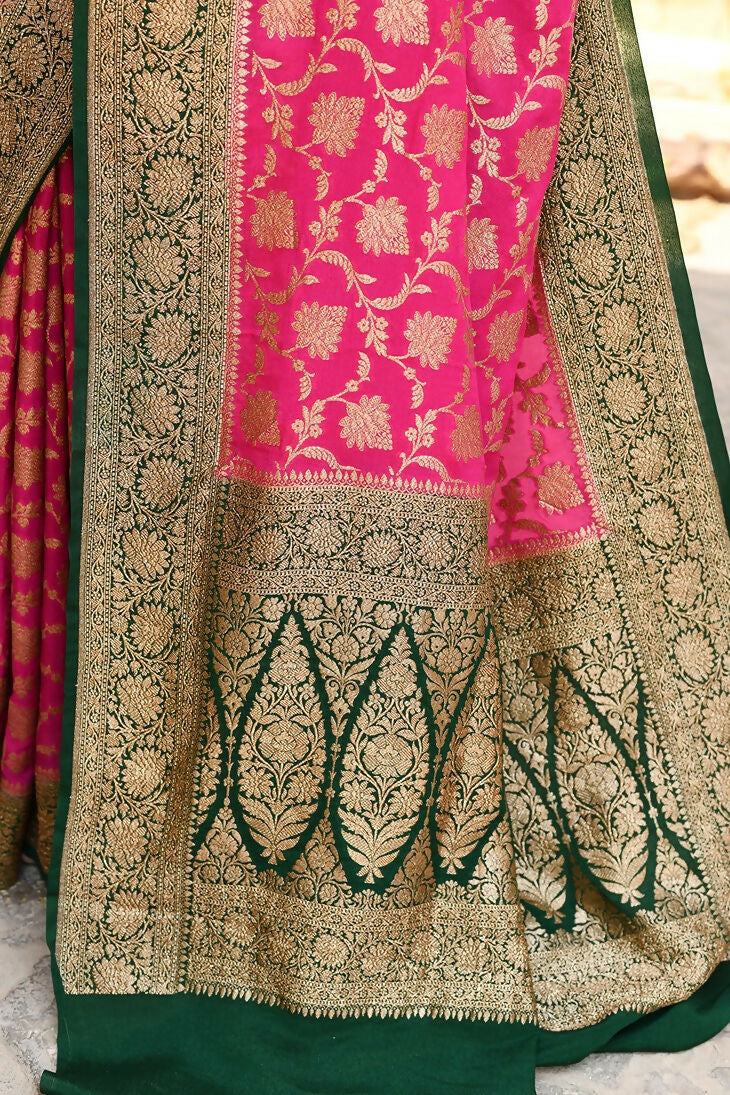 Joban Fashion Pink Crepe Chiffon Pure Handloom Banarasi Silk Saree