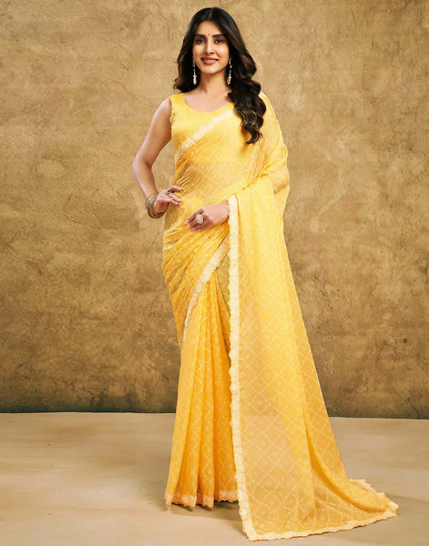 Joban Fashion Chiffon Light Yellow & White Printed Saree