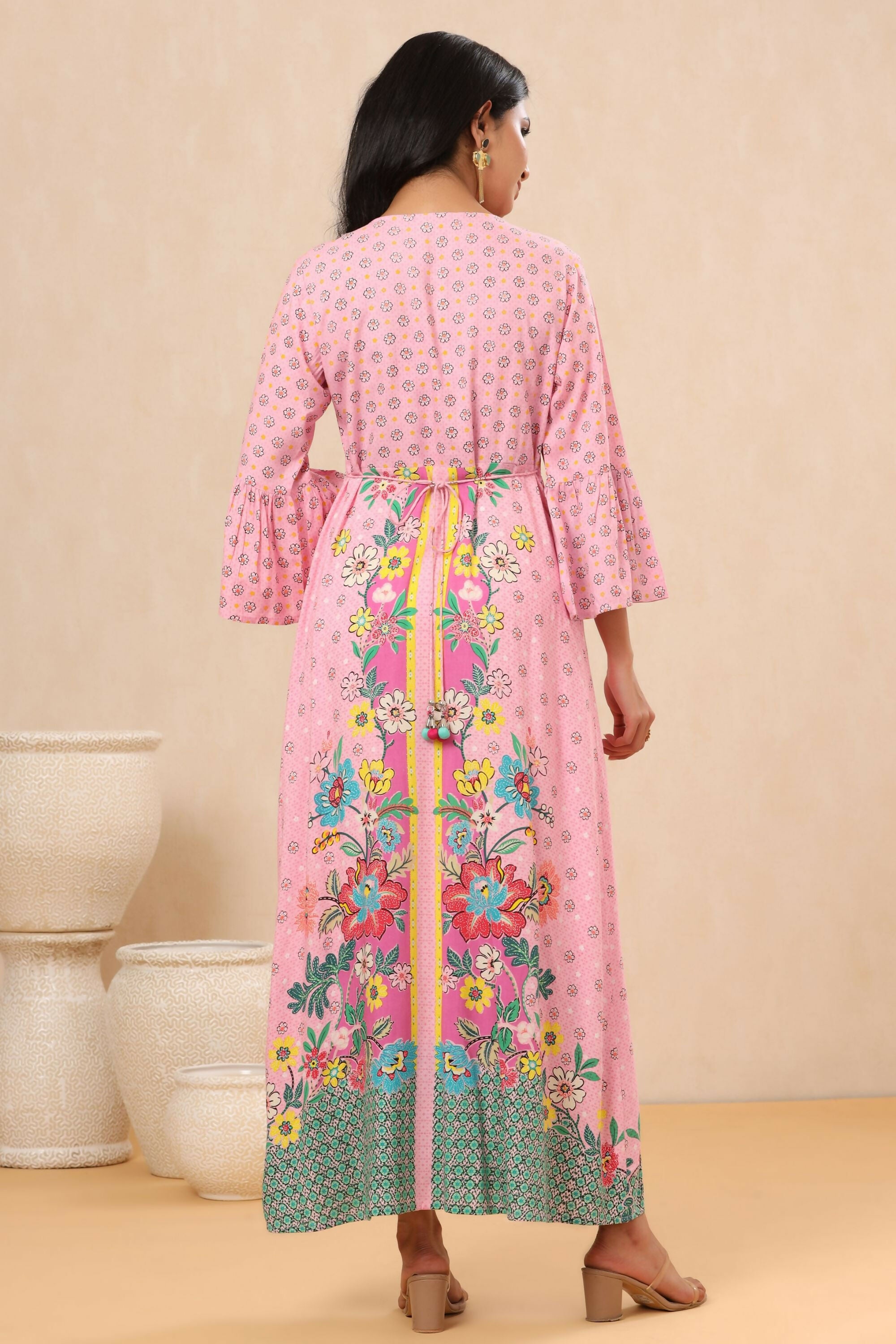 Juniper Pink Floral Printed Rayon Kurta With Buttons Closure At Back - Distacart