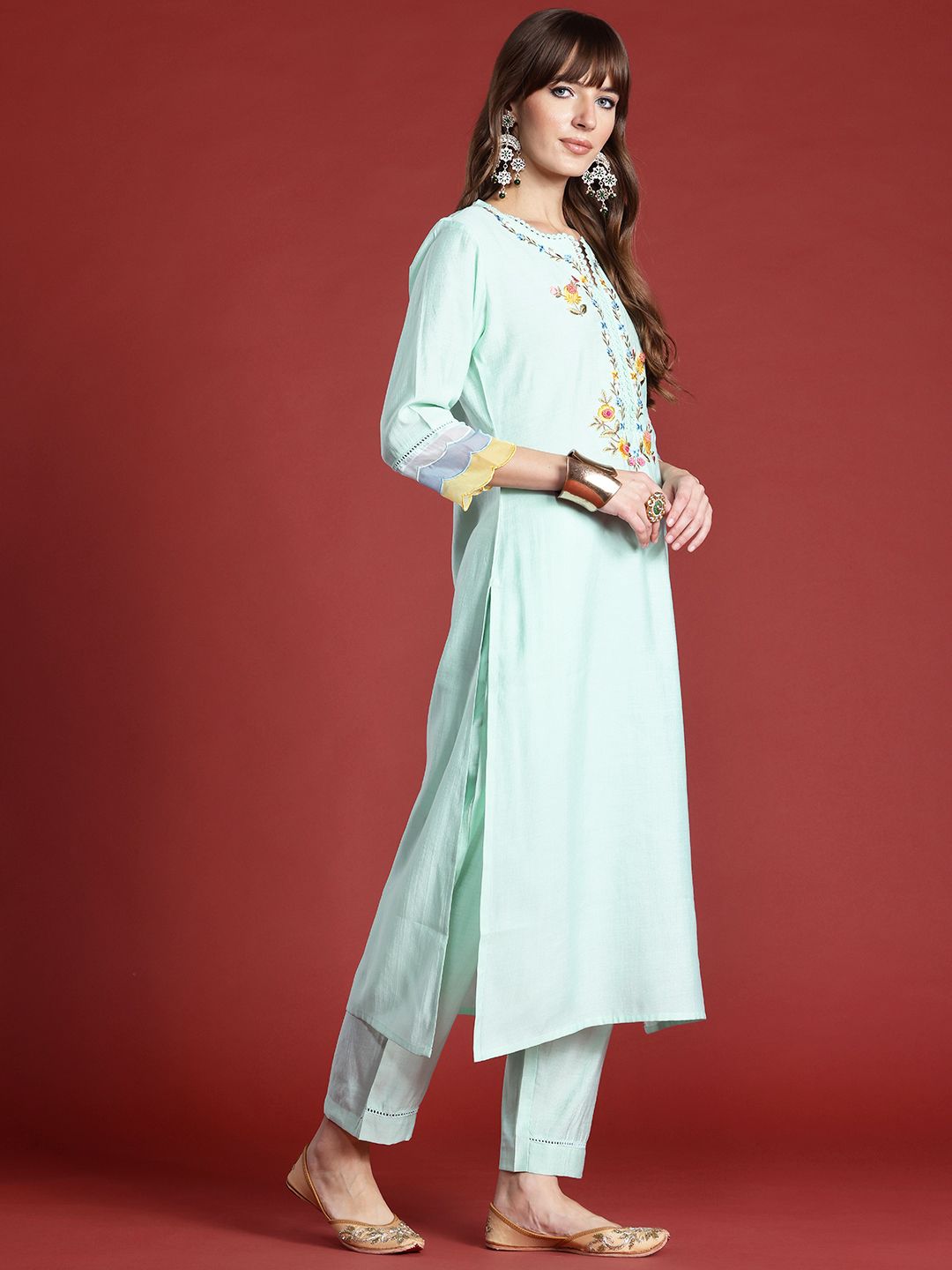 Indo Era Floral Embroidered Thread Work Kurta with Trousers & With Dupatta
