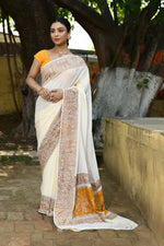 Thumbnail for Joban Fashion Cream Crepe Chiffon Pure Handloom Banarasi Silk Saree