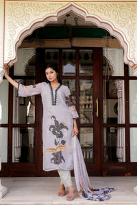 Thumbnail for Vaasva Women Grey Tabby Slik Print & Embroidered Kurta, Pant & Dupatta Straight - Distacart