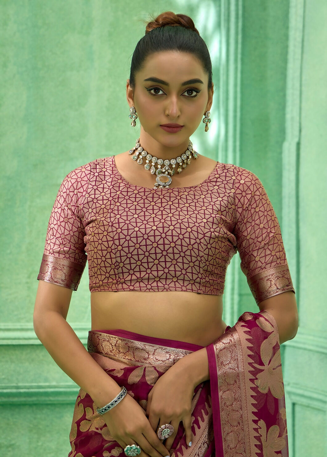 Joban Fashion Deep Magenta Dull Moss Brasso With Kasab Zari Border Saree & Tassels With Brasso Blouse