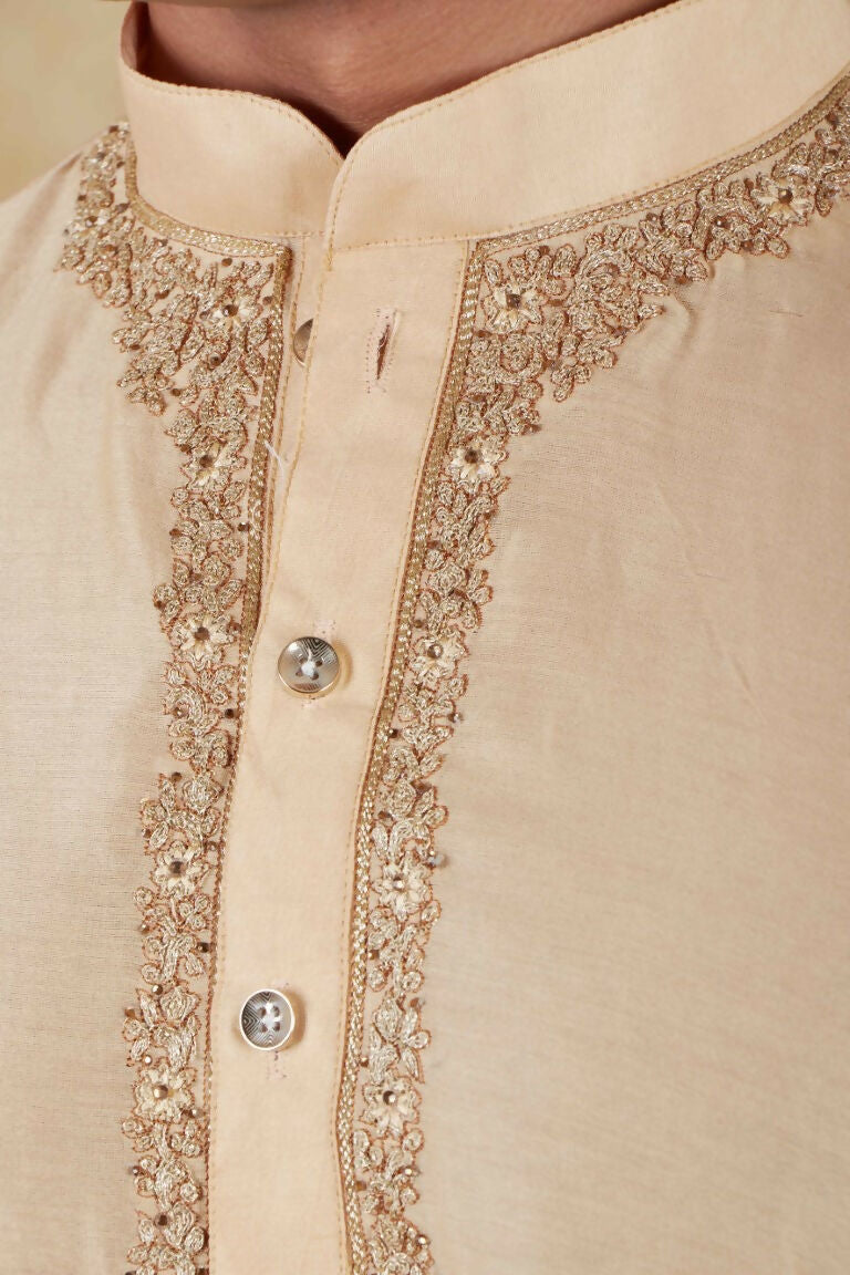 Bluesaanchi Men's Chandery Silk Light Khaki Embroidered Kurta Set - Distacart