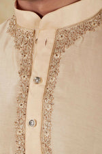 Thumbnail for Bluesaanchi Men's Chandery Silk Light Khaki Embroidered Kurta Set - Distacart