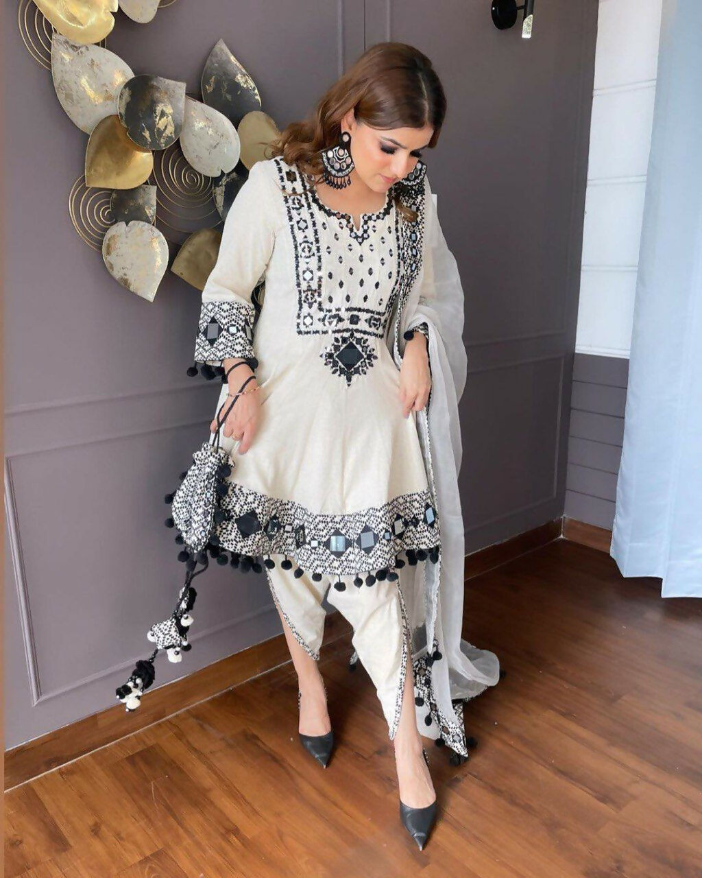 Preksha Creation Trending Designer Rajwadi Silk Top Embroidery Real Mirror Work With Dupatta And Dhoti - White