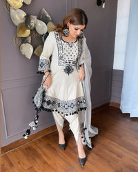Thumbnail for Preksha Creation Trending Designer Rajwadi Silk Top Embroidery Real Mirror Work With Dupatta And Dhoti - White
