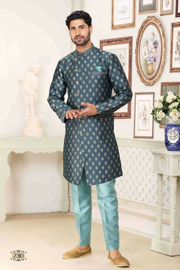 Raivat Ethnic Banarasi Jacquard Embroidery Semi Indo Western Sherwani In Grey Blue Colour