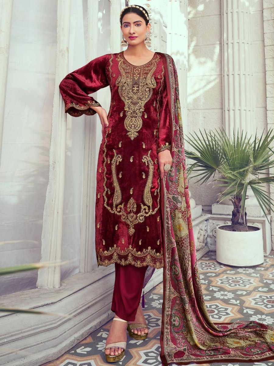 Aastha Fashion Women's Maroon Velvet Cording with Digital Printed Kurta with Trouser & Dupatta - Distacart