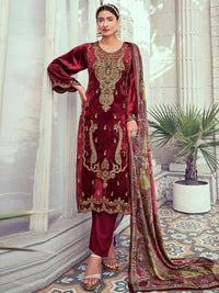 Thumbnail for Aastha Fashion Women's Maroon Velvet Cording with Digital Printed Kurta with Trouser & Dupatta - Distacart