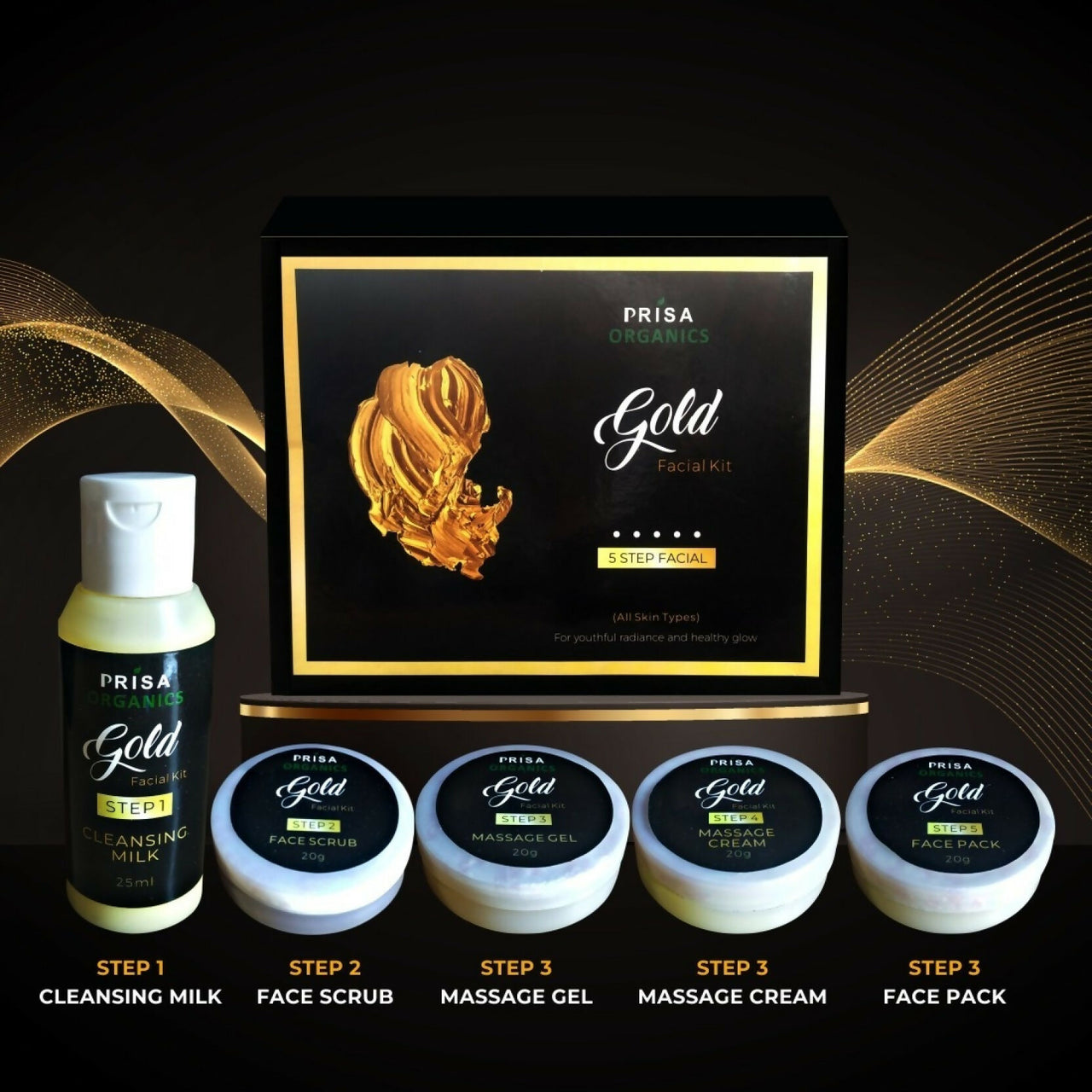 Prisa Organics Gold Facial Kit For Radiant & Glowing Skin - Cleanses & Rejuvenates Skin, Removes Dead Skin, Blackheads