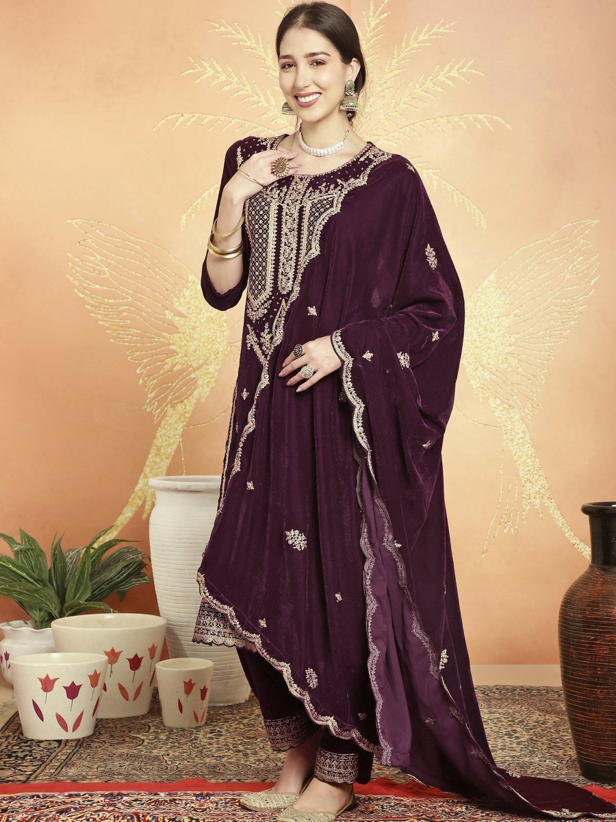 Aastha Fashion Women's Wine Velvet Cording with Resham Thread & Sequin Kurta with Trouser & Dupatta - Distacart