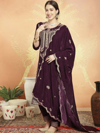 Thumbnail for Aastha Fashion Women's Wine Velvet Cording with Resham Thread & Sequin Kurta with Trouser & Dupatta - Distacart