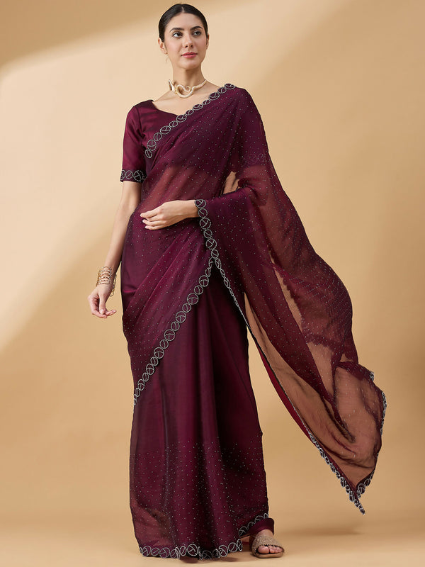 Purple Organza Swaroski Diamond Work Saree with Unstitched Blouse - Radha - Distacart