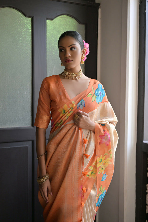 Vishnu Weaves Women's Orange banarasi Silk Saree with Blouse - Distacart