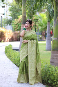 Thumbnail for Aastha Fashion Mehendi Woven Handloom Raw Silk Saree with Blouse - Distacart