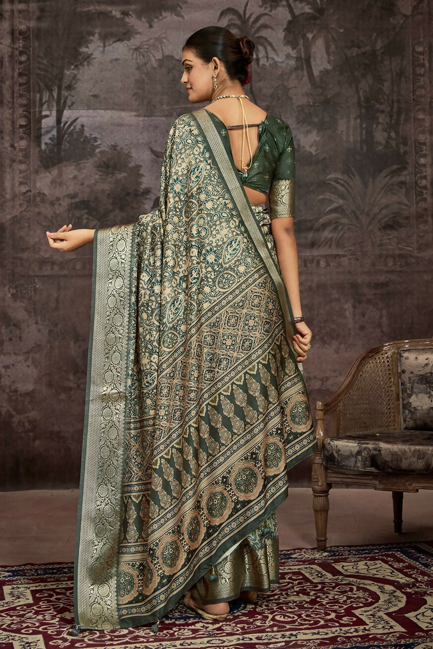 Joban Fashion Green Art Silk With Fine Viscose Border Ajrak Full Body Print With Soft Finish Saree