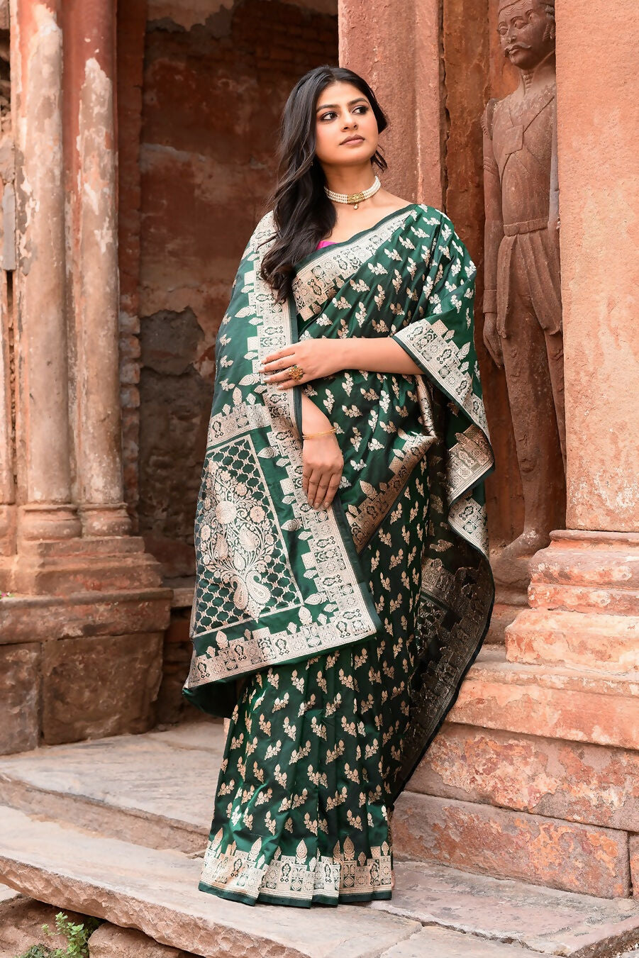 Joban Fashion Emerald Green Banarasi Katan Pure Handloom Banarasi Silk Saree