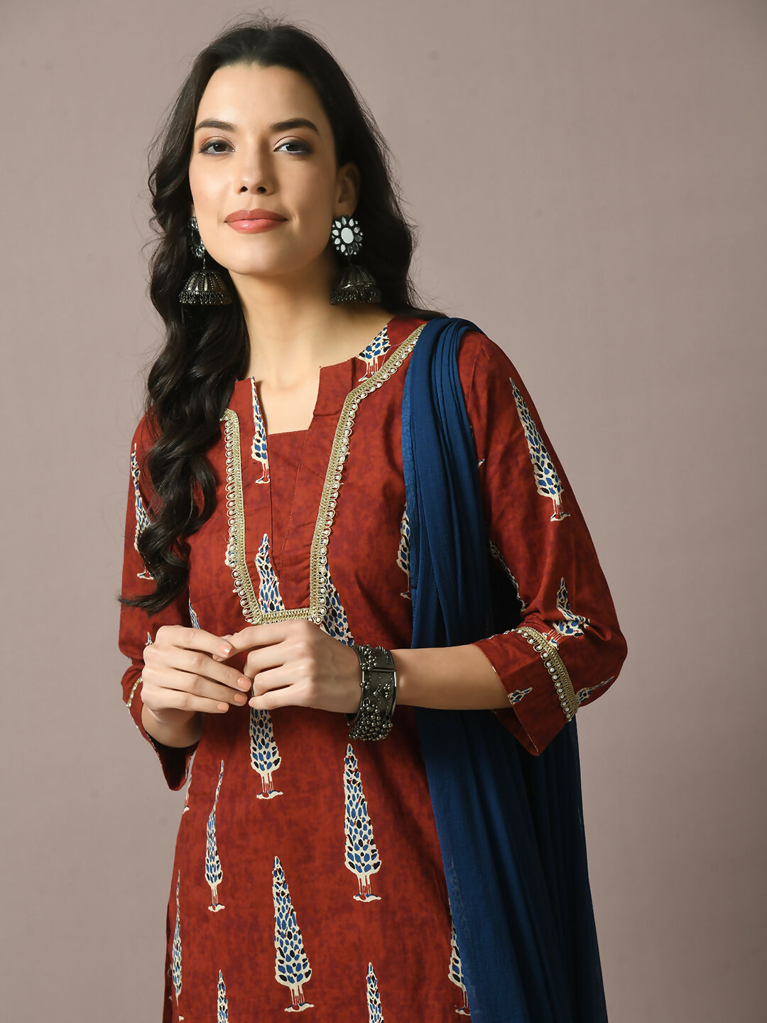 Myshka Women's Rust Printed Cotton Straight Party Kurta Set With Dupatta - Distacart