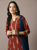 Thumbnail for Myshka Women's Rust Printed Cotton Straight Party Kurta Set With Dupatta - Distacart
