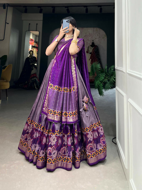 Vastranavya Floral Print With Foil Print Tussar Silk Lehenga with Unstitched Blouse - Purple - Distacart