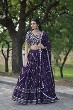 Thumbnail for Vastranavya Faux Blooming With Sequins And Thread Embroidered Work Lehenga Choli With Dupatta - Purple - Distacart