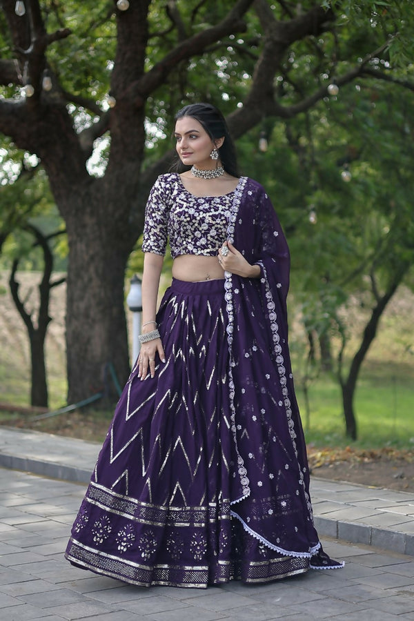 Vastranavya Faux Blooming With Sequins And Thread Embroidered Work Lehenga Choli With Dupatta - Purple - Distacart