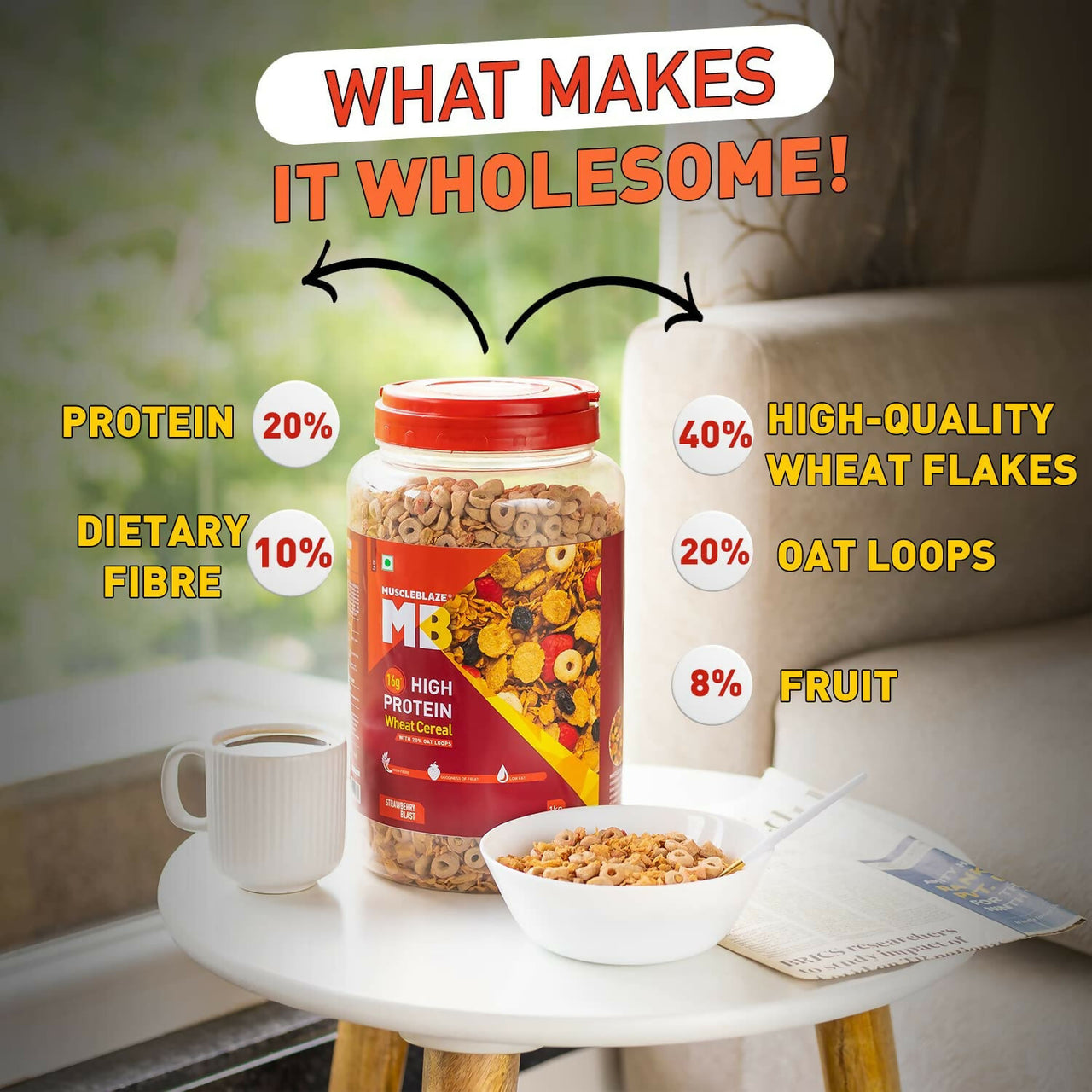 MuscleBlaze 16g High Protein Wheat Cereal - Strawberry Blast - Distacart