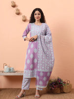 Thumbnail for Yufta Lavender Straight Ethnic Motifs Zari Kurta Trouser Dupatta Set - Distacart