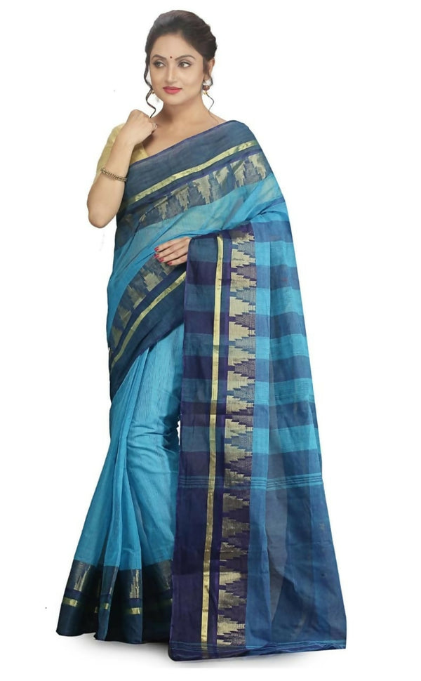 Exclusive Collection Blue 100% Pure Cotton Tant Saree