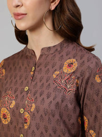 Thumbnail for Anubhutee Brown & Yellow Floral Foil Printed Kurti - Distacart