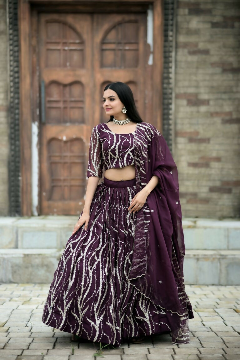 Vastranavya Enchanting Designer Tebby-Silk Lehenga Choli With Dupatta Set - Wine - Distacart