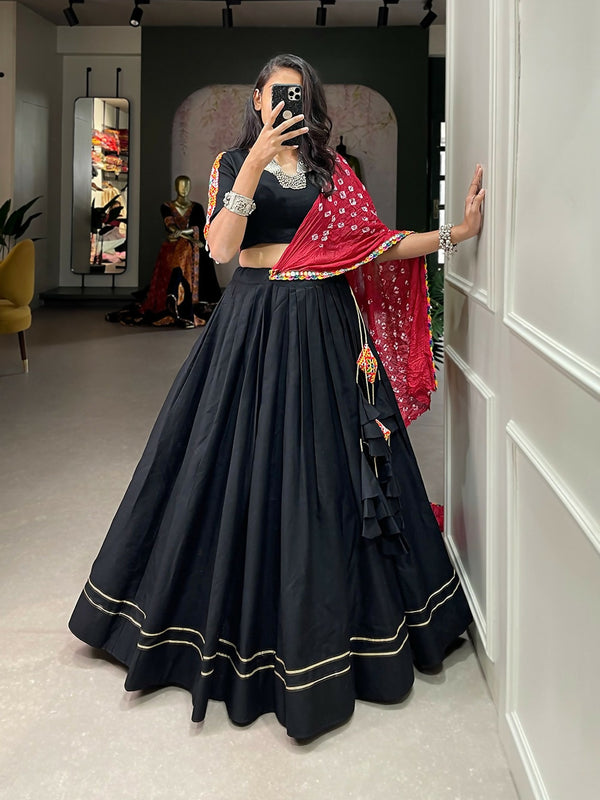 Vastranavya Navaratri Special Pure Cotton Plain With Gotta Patti Touch Up Lehenga Stitched Choli - Black - Distacart