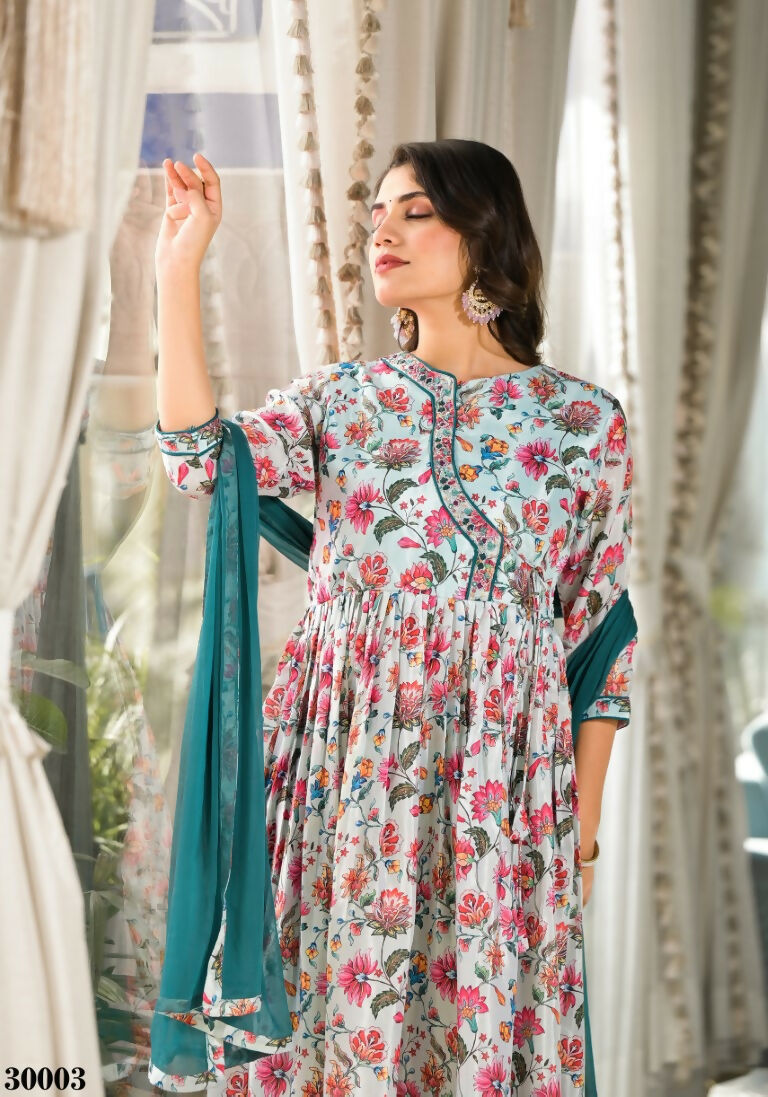 Designer Stylish Mid Night Blue Rubi Silk Stitched Suit With Dupatta - Kiyara - Distacart