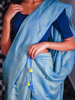 Thumbnail for Zibaa Hand-Dyed Mul Cotton Teal Blue Saree with Tassels