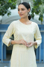 Thumbnail for Juniper Light Yellow Ethnic Motif Printed Rayon Kurta With Lace Work - Distacart