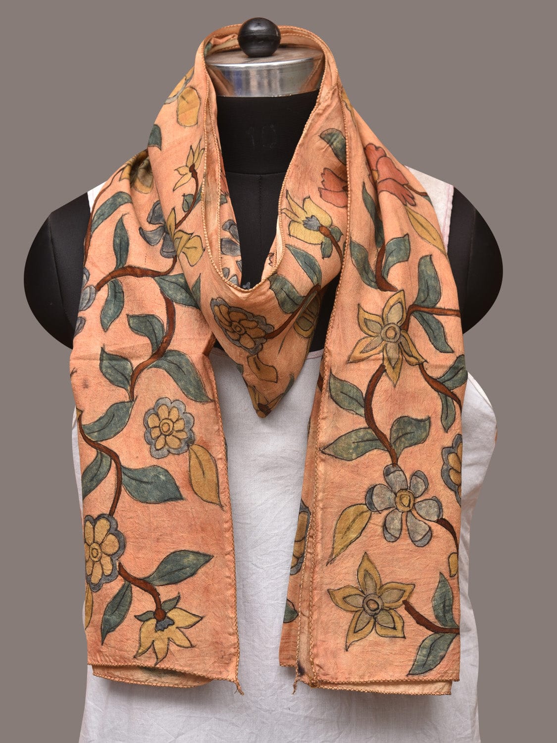 Light Orange Kalamkari Hand Painted Sico Stole with Floral Design - Global Threads - Distacart