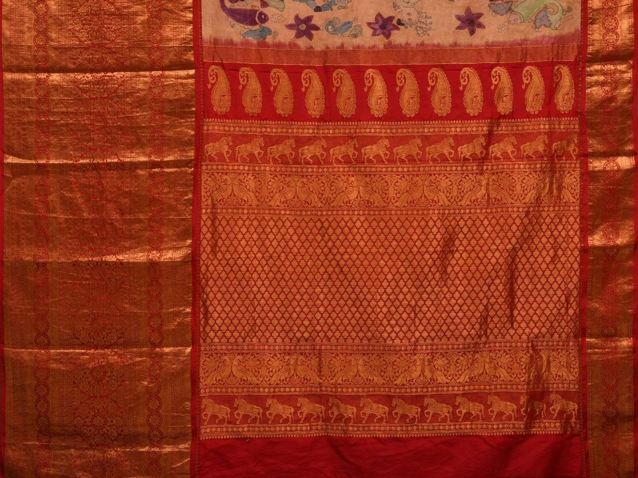 Light Yellow Kalamkari Hand Painted Kanchipuram Silk Handloom Saree with Dashavatar Design - Global Threads - Distacart