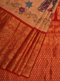 Thumbnail for Light Yellow Kalamkari Hand Painted Kanchipuram Silk Handloom Saree with Dashavatar Design - Global Threads - Distacart