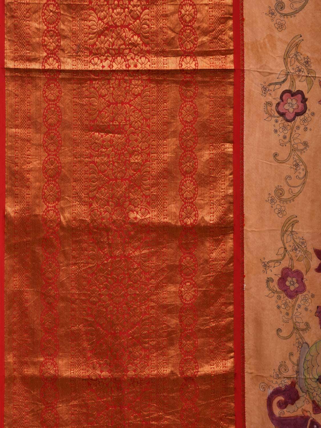 Light Yellow Kalamkari Hand Painted Kanchipuram Silk Handloom Saree with Dashavatar Design - Global Threads - Distacart