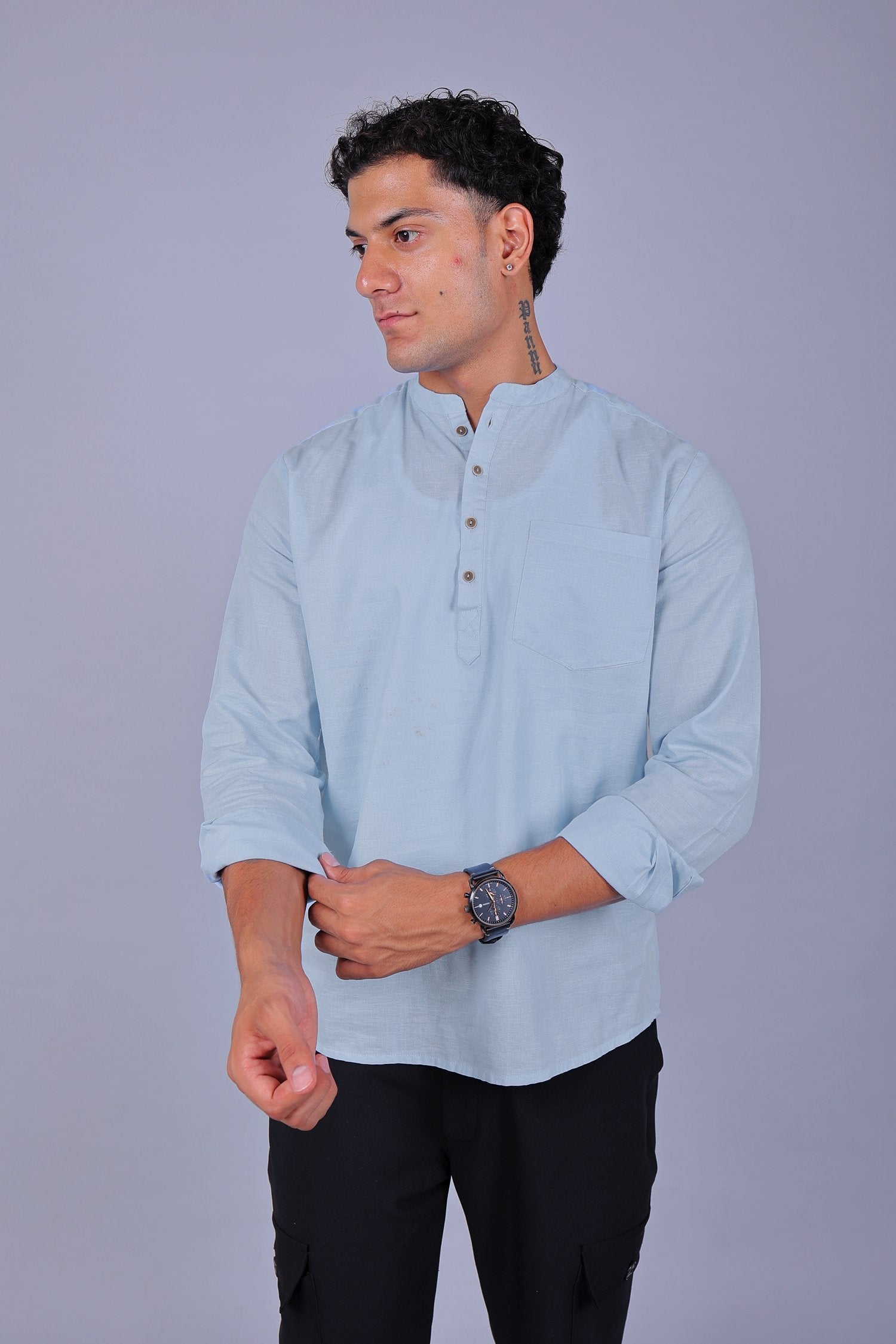Bluebird Men's Short Kurta in Sky Blue - 100% Pure Cotton - Distacart