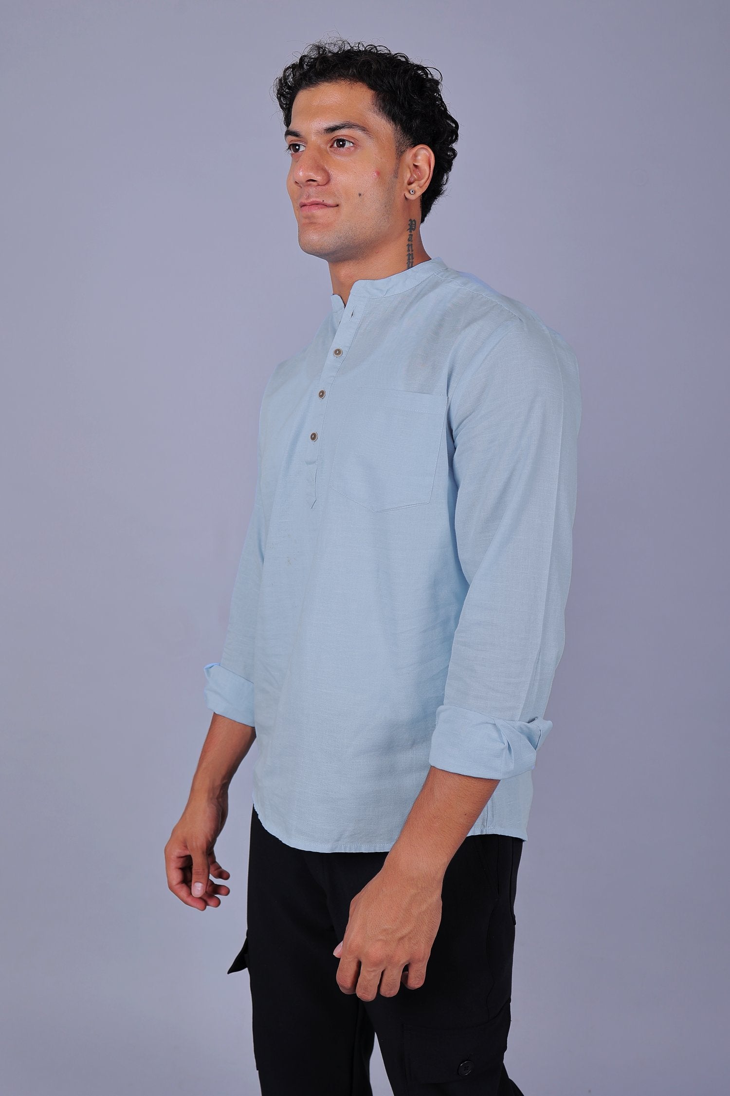 Bluebird Men's Short Kurta in Sky Blue - 100% Pure Cotton - Distacart