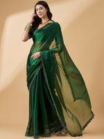 Thumbnail for Green Organza Swaroski Diamond Work Saree with Unstitched Blouse - Radha - Distacart