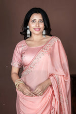 Thumbnail for Morchari Peach Chiffon Hand Embroidery Saree Stitched Blouse