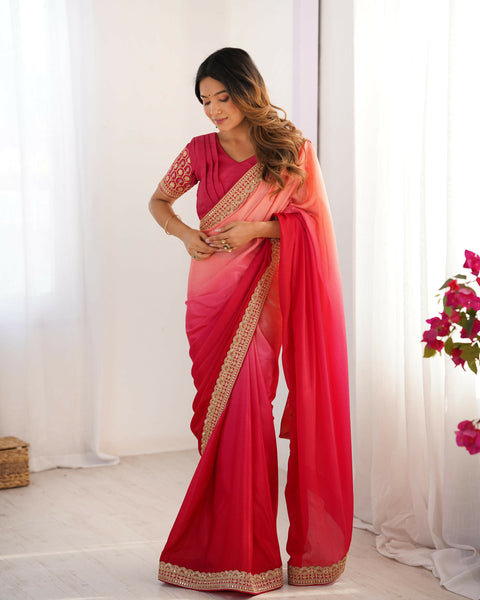 Exclusive Collection Red Pink Party Wear Chinon Salk Saree