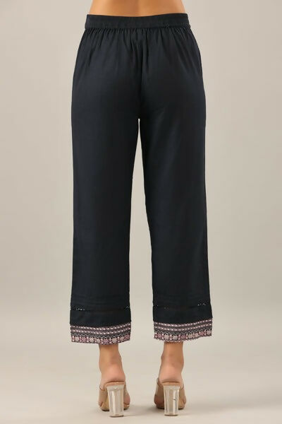 Juniper Navy Blue Solid Cotton Flex Pants With Printed Hem, Pintucks & Lace Work - Distacart