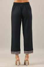 Thumbnail for Juniper Navy Blue Solid Cotton Flex Pants With Printed Hem, Pintucks & Lace Work - Distacart