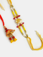 Thumbnail for NVR Women & Men Set of 2 Yellow Peacock Design Bhaiya Bhabhi Rakhi With Roli Chawal - Distacart