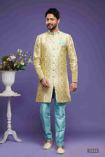 Thumbnail for Raivat Ethnic Banarasi Jacquard Embroidery Semi Indo Western Sherwani In Gold Colour
