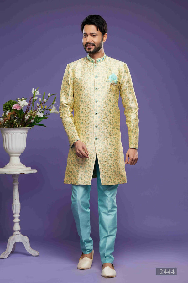 Raivat Ethnic Banarasi Jacquard Embroidery Semi Indo Western Sherwani In Gold Colour